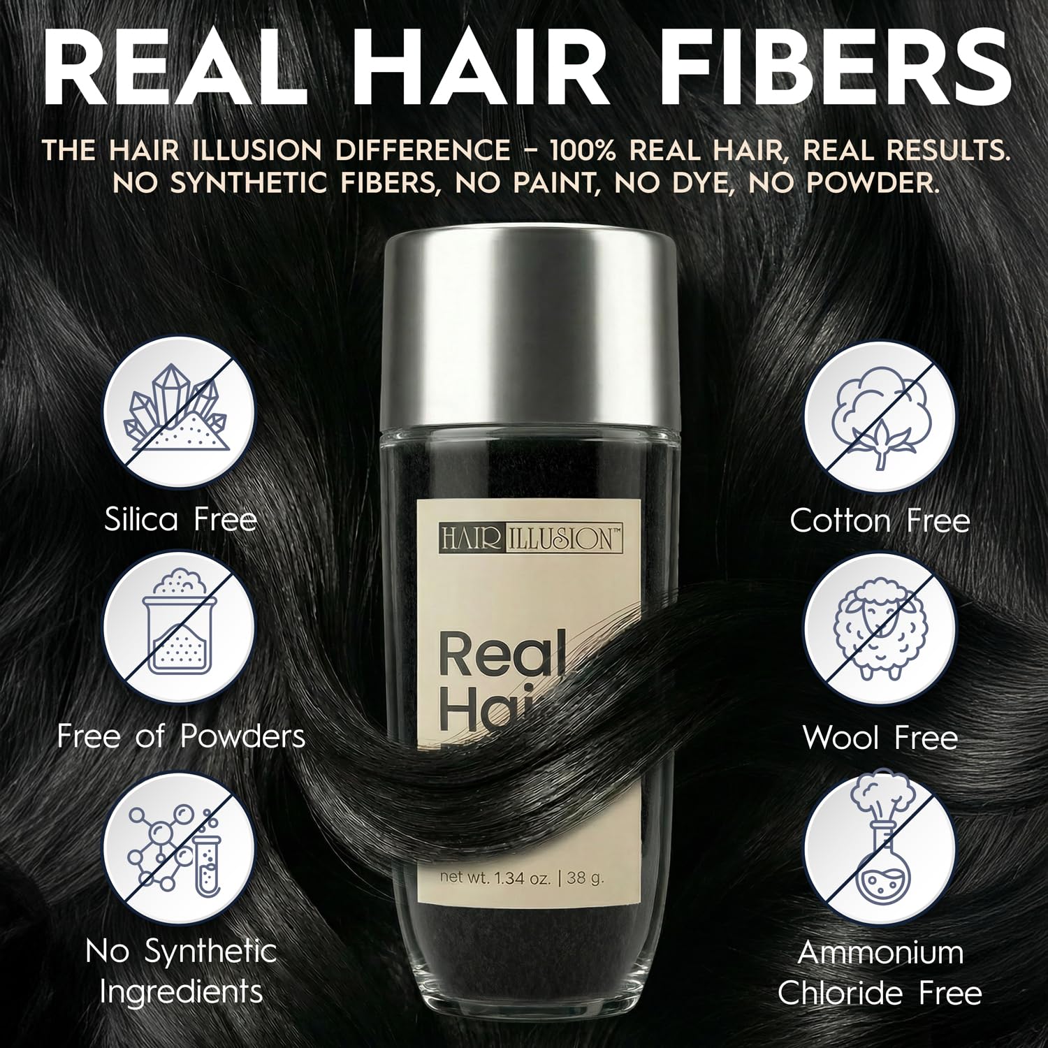 Hair Illusion fiber texture close-up displays natural hair look and blend benefit