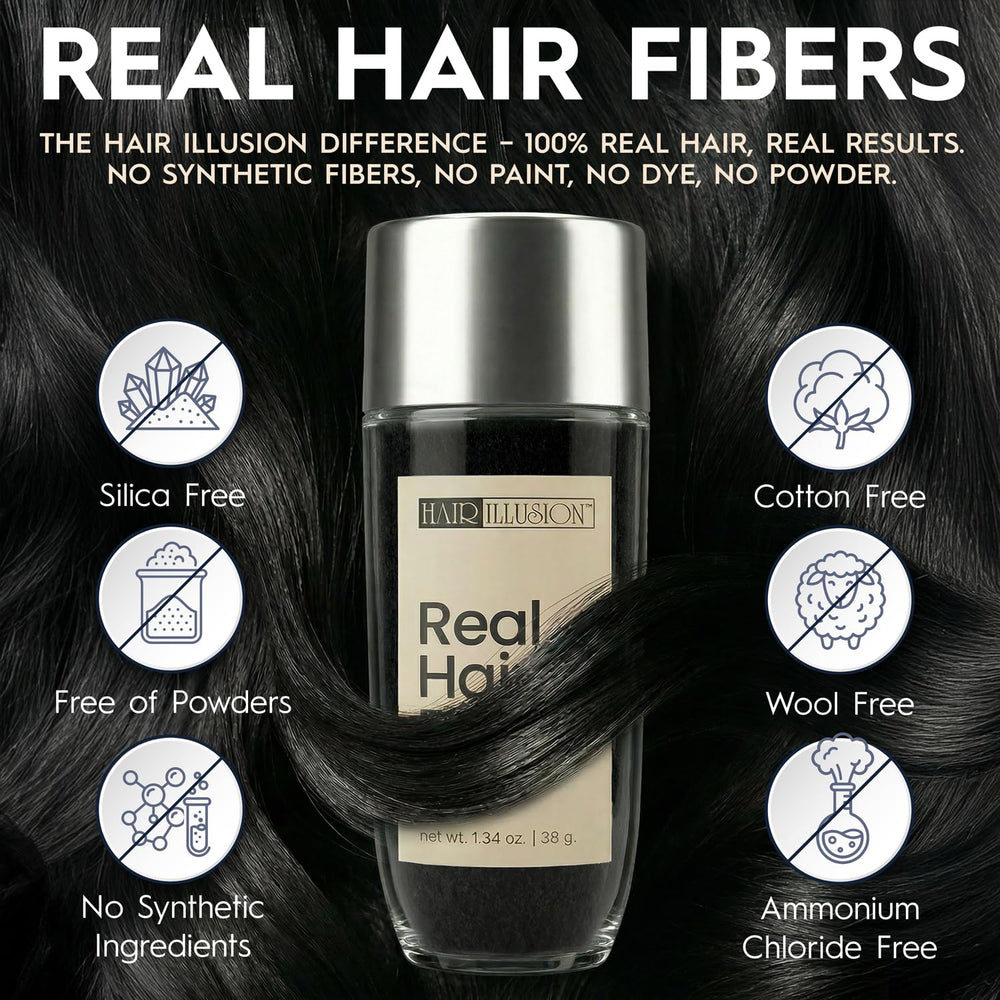 Hair Illusion fiber texture close-up displays natural hair look and blend benefit