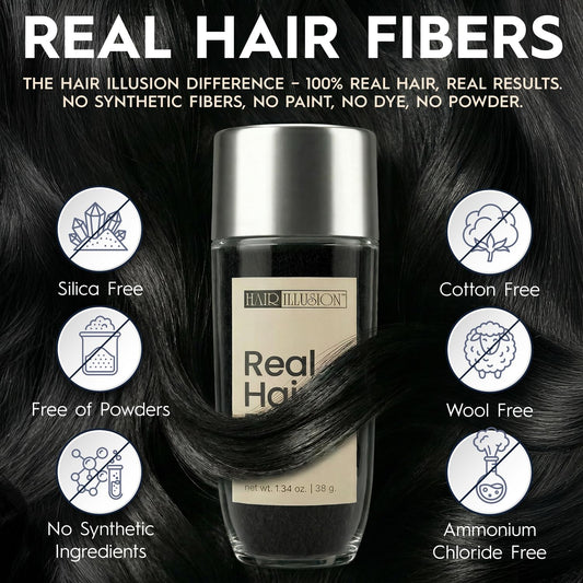 Hair Illusion fiber texture close-up displays natural hair look and blend benefit