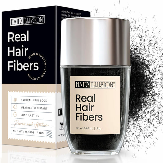 hair illusion open jar revealing natural black hair fibers for blending