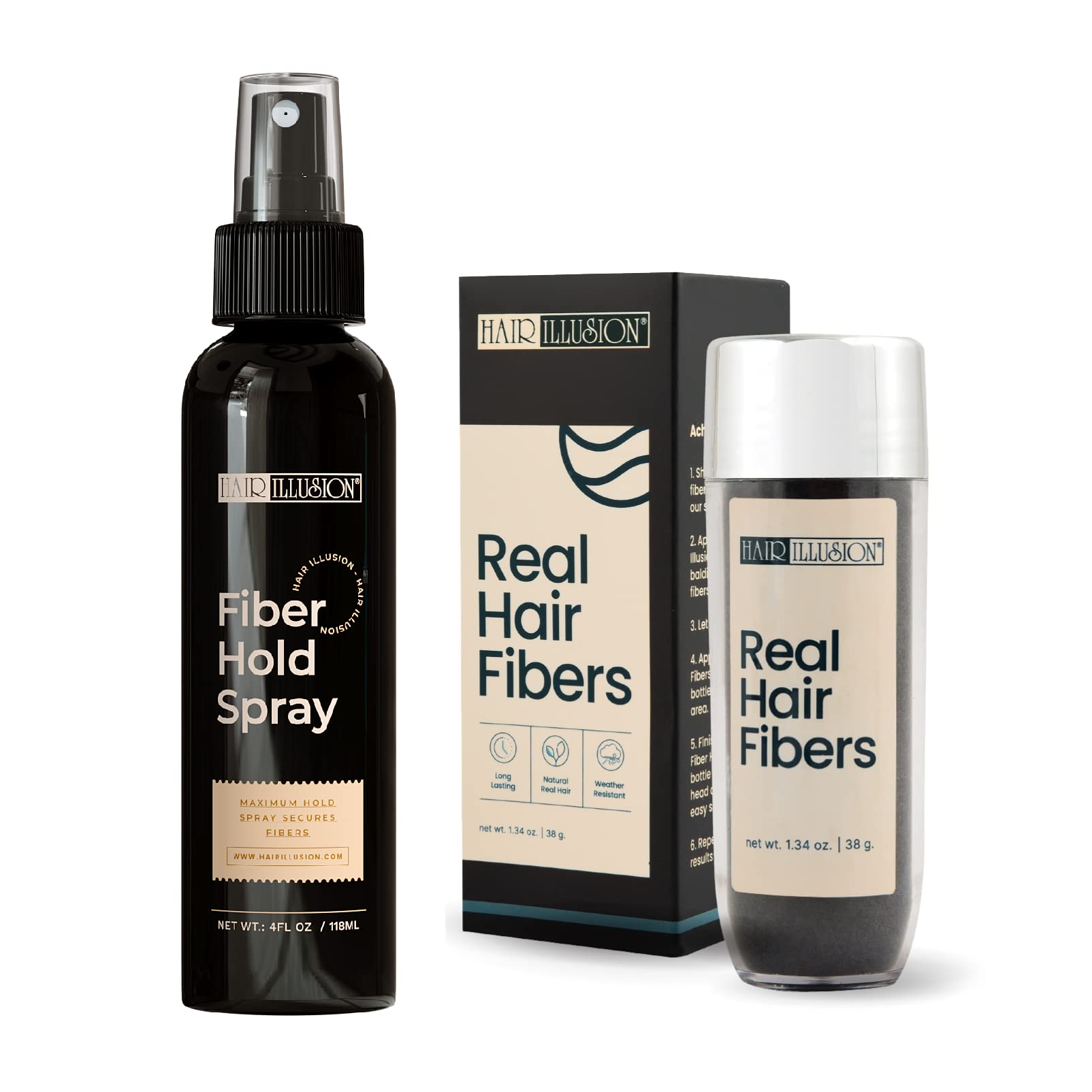 Hair Illusion jar front view showing real black fibers for natural coverage