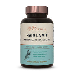 Hair La Vie front bottle view showing supplement packaging and clear product benefit