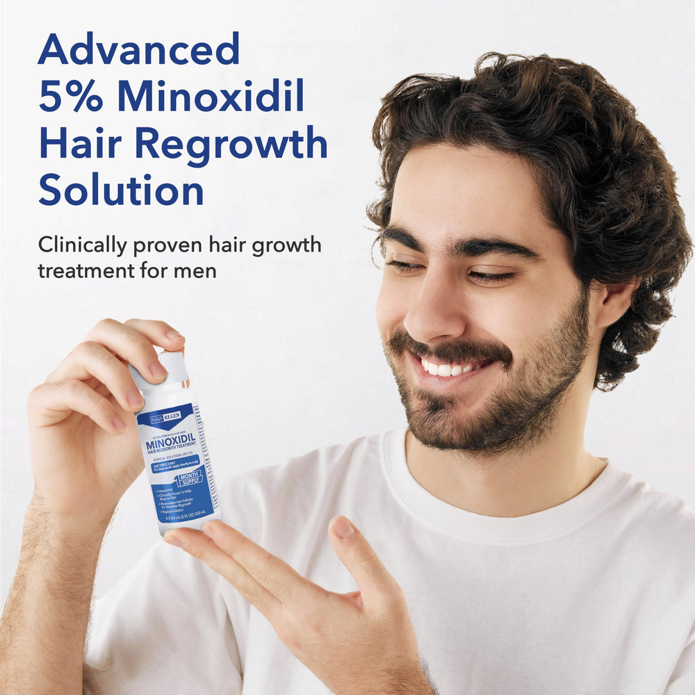 Hair Regen concept before and after photo setup conveying potential fuller-looking hair over time