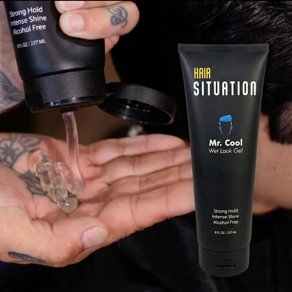 Person styling hair with Hair Situation for a shiny wet look and controlled finish