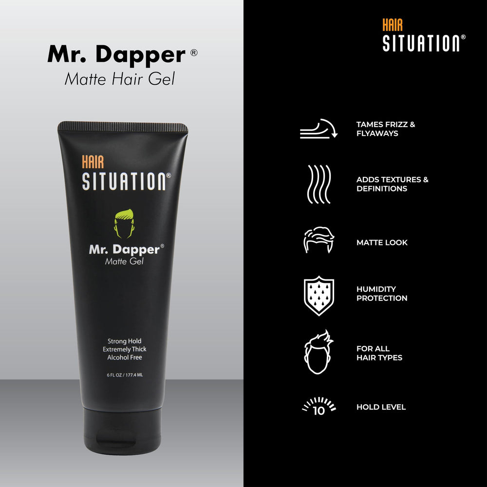 Hair Situation Mr. Dapper size and scale beside a hand illustrating 6 fl oz capacity