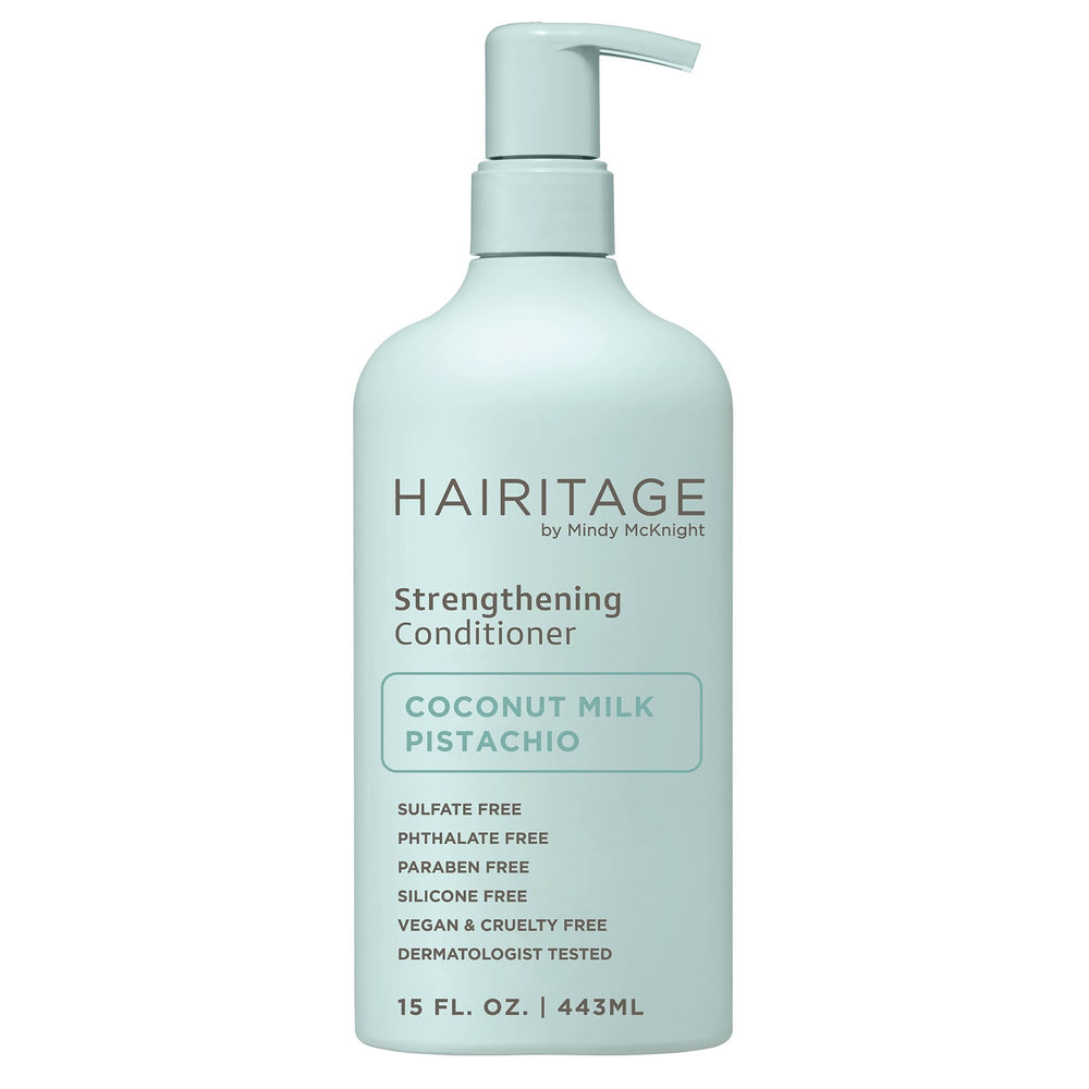Hairitage front bottle showing product and branding benefit of restorative conditioning