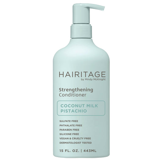 Hairitage front bottle showing product and branding benefit of restorative conditioning