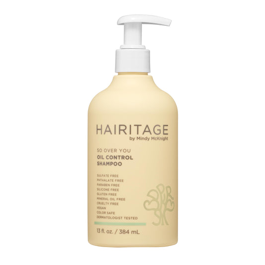 Hairitage front packaging shows 13 fl oz bottle with clear label benefits