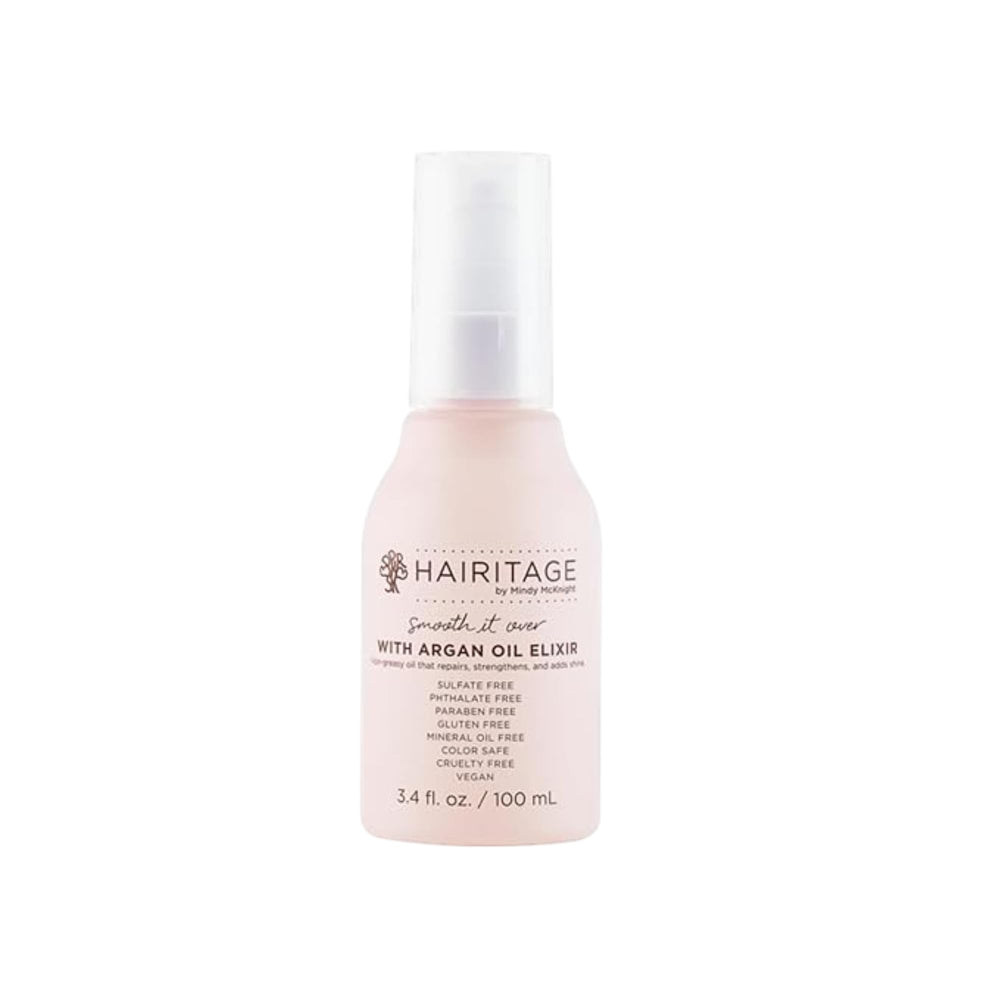 Hairitage front packaging showing argan oil spray for shine and frizz control