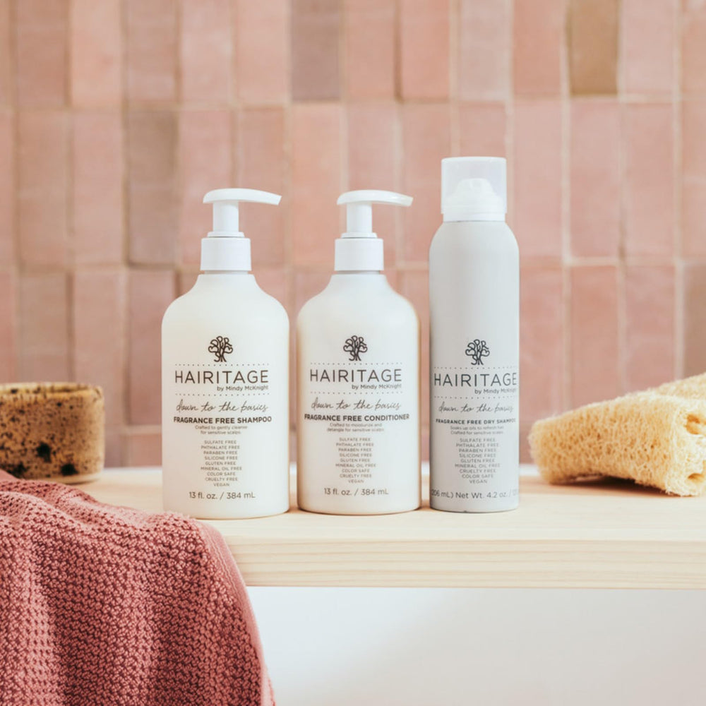Hairitage dry shampoo on bathroom counter as part of a quick morning routine