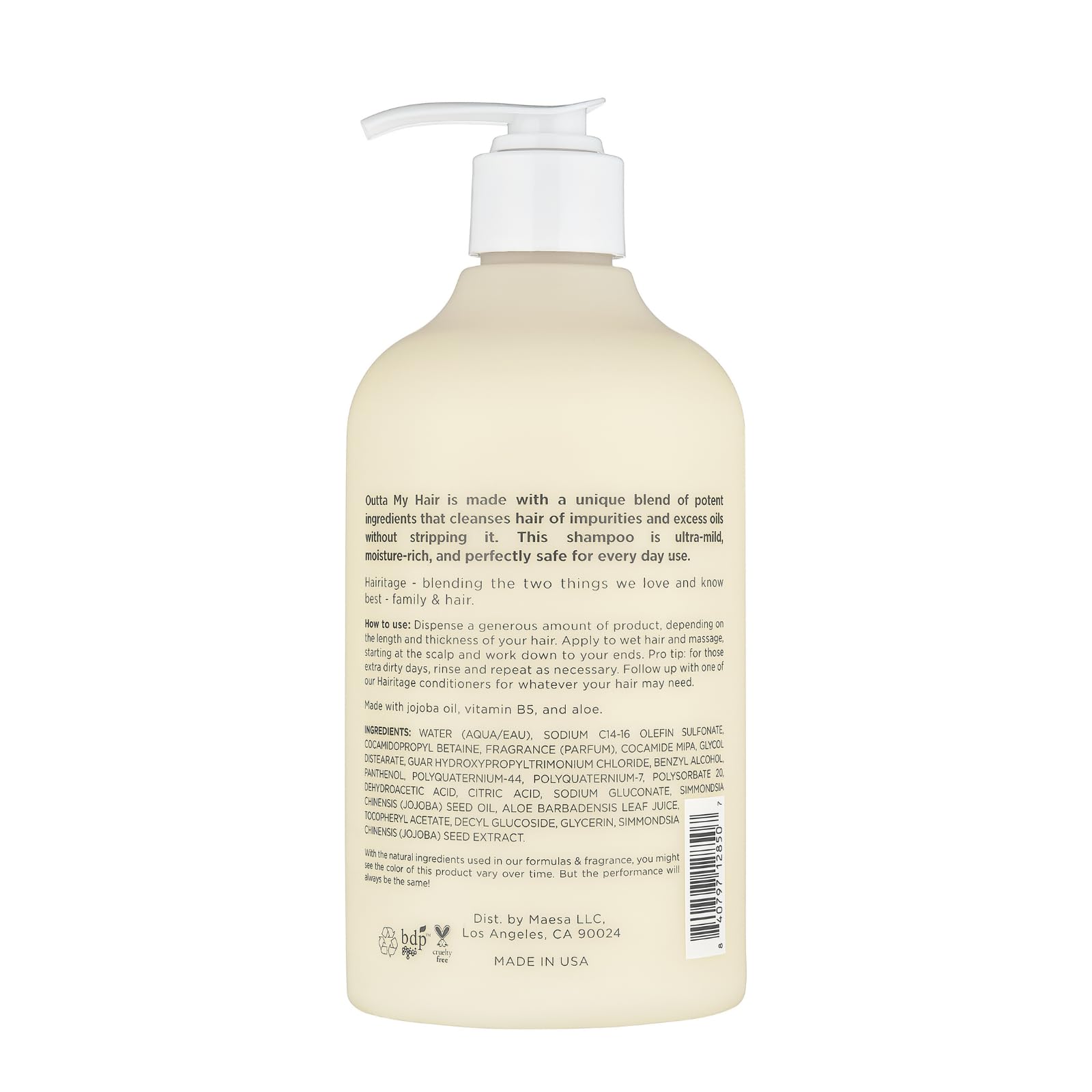 Hairitage pump and label closeup highlighting ingredients and instructions