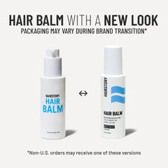 Lifestyle bathroom scene with Hairstory Hair Balm on shelf conveying clean, everyday use