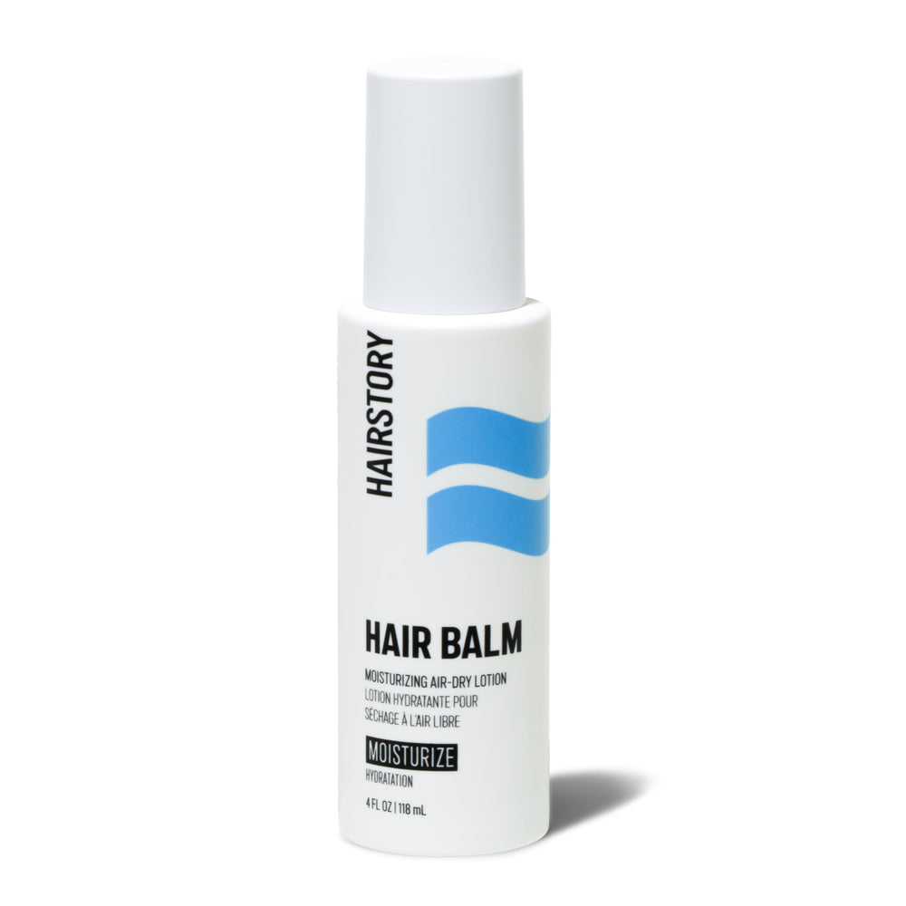 Hairstory Hair Balm front packaging showing clean design and product name, promotes ease