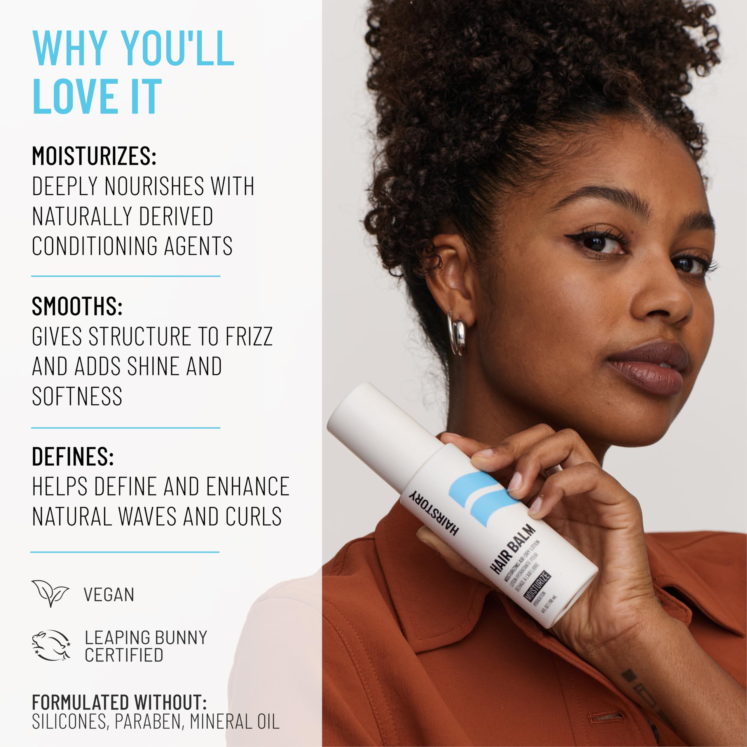 Hairstory Hair Balm ingredient bottle detail highlighting gentle conditioning agents and benefits