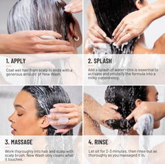 Hairstory New Wash being worked into wet hair for gentle, non-stripping clean
