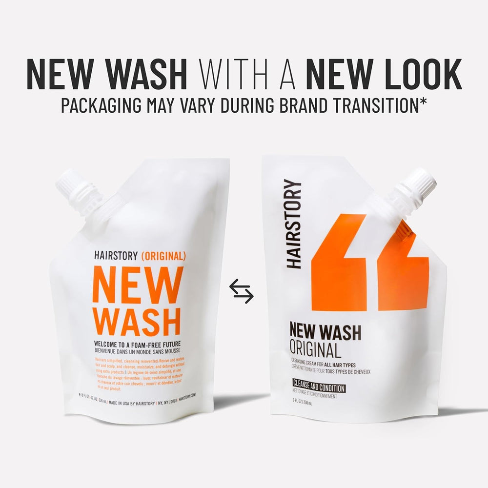 Hairstory pouch on bathroom shelf showing eco-conscious refill lifestyle