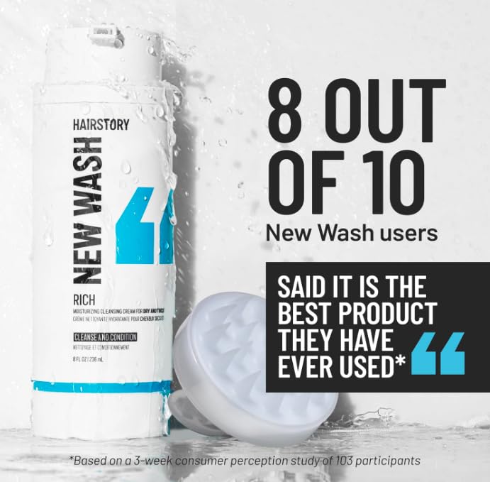 Hairstory New Wash Rich on bathroom shelf in lifestyle setting suggesting daily routine ease