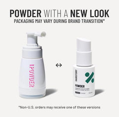 Hairstory Powder held in hand to show real 1.32 oz size and portability