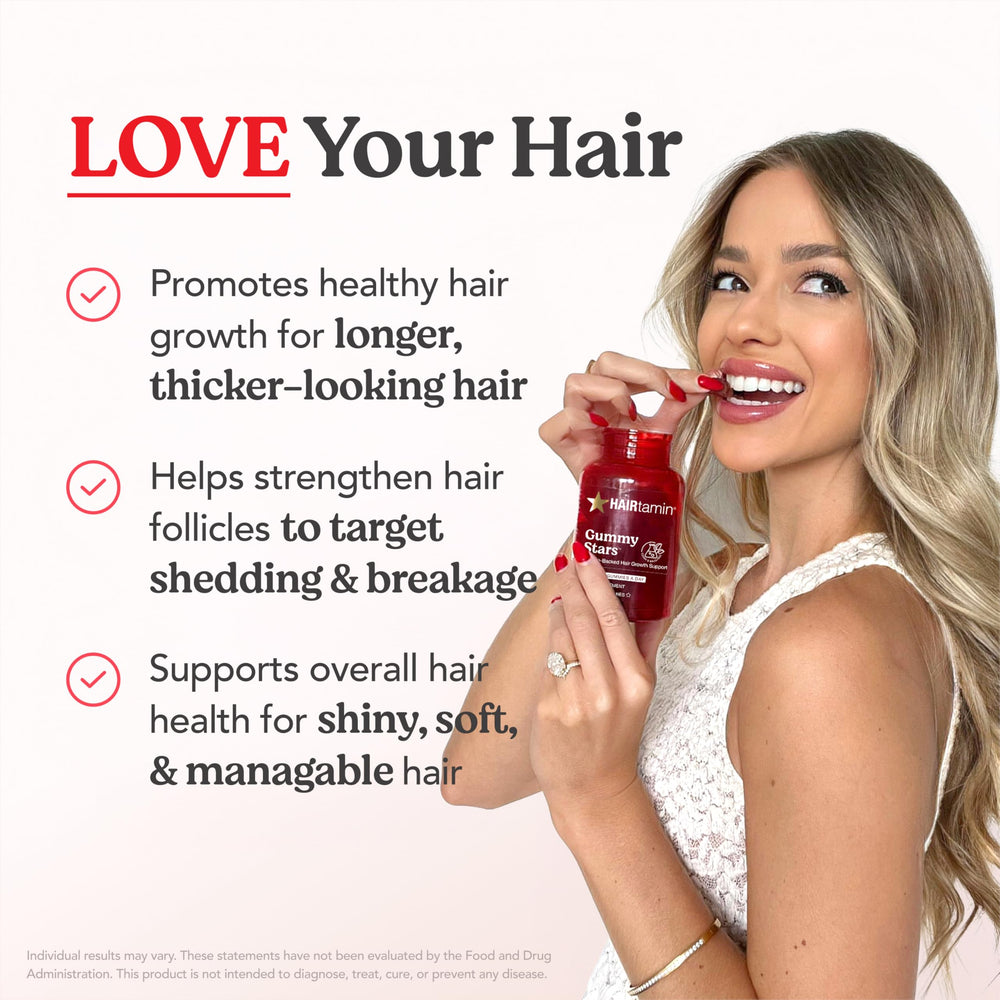 HAIRtamin gummies in hand demonstrating portion and easy daily use