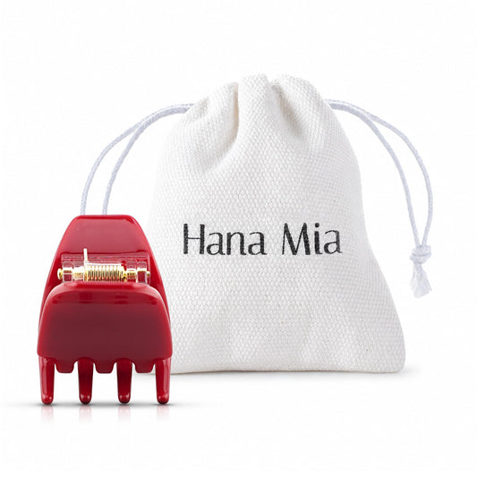 Hana Mia front view of red claw clip showing polished finish and compact shape