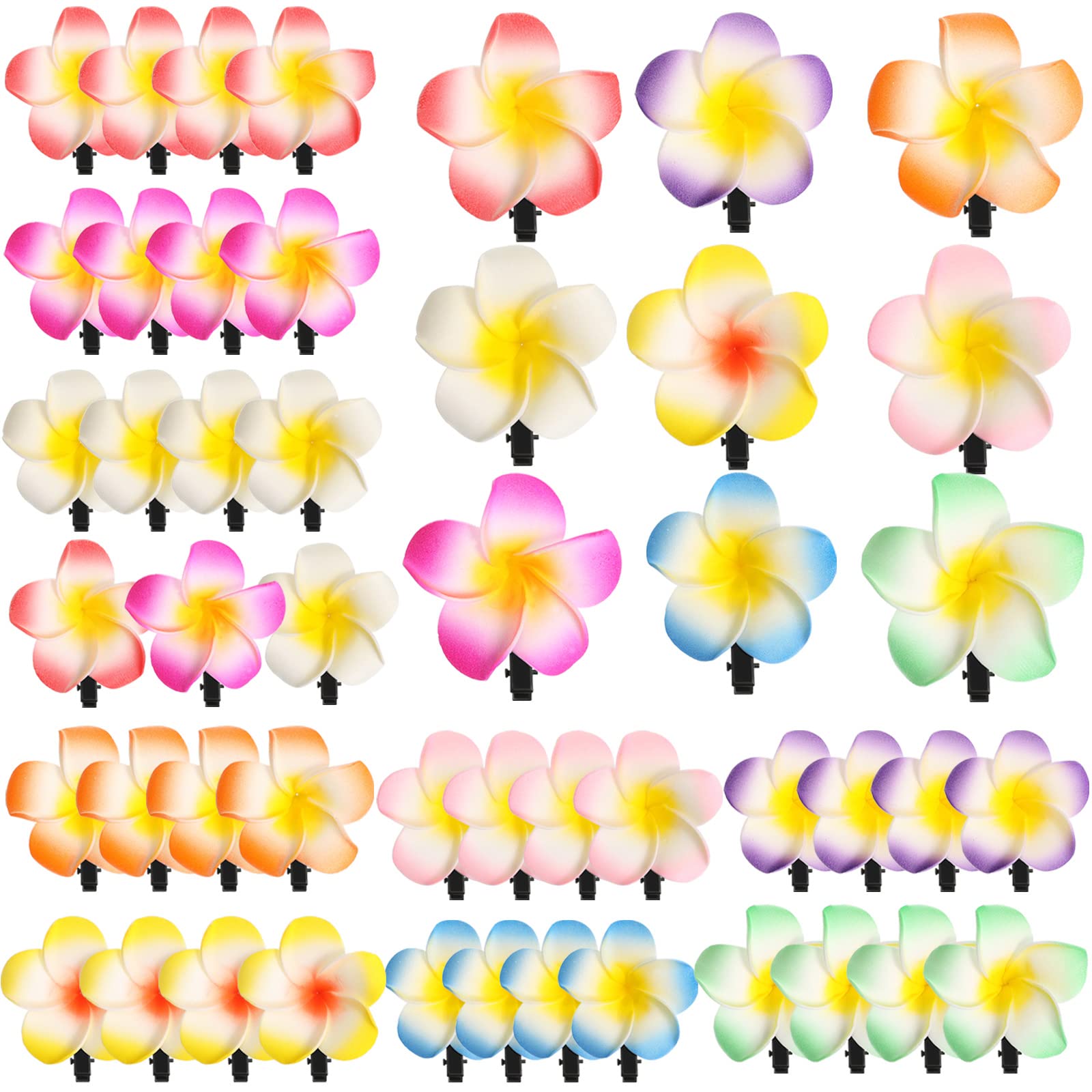 Hanaive front packaging of 48-pack colorful plumeria clips, easy-party prep
