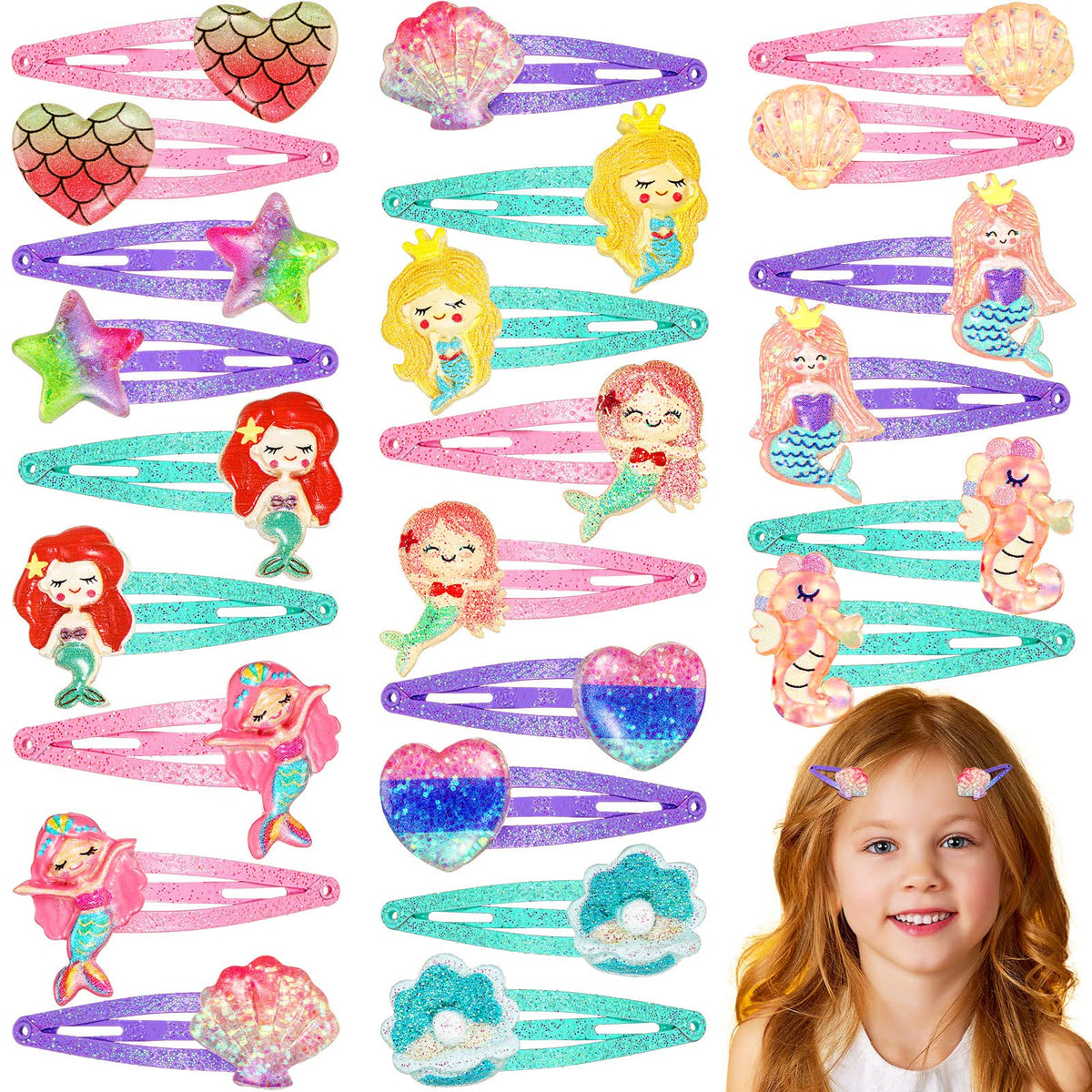 Hanaive front packaging showing 24 mermaid-themed clips, colorful and ready to gift