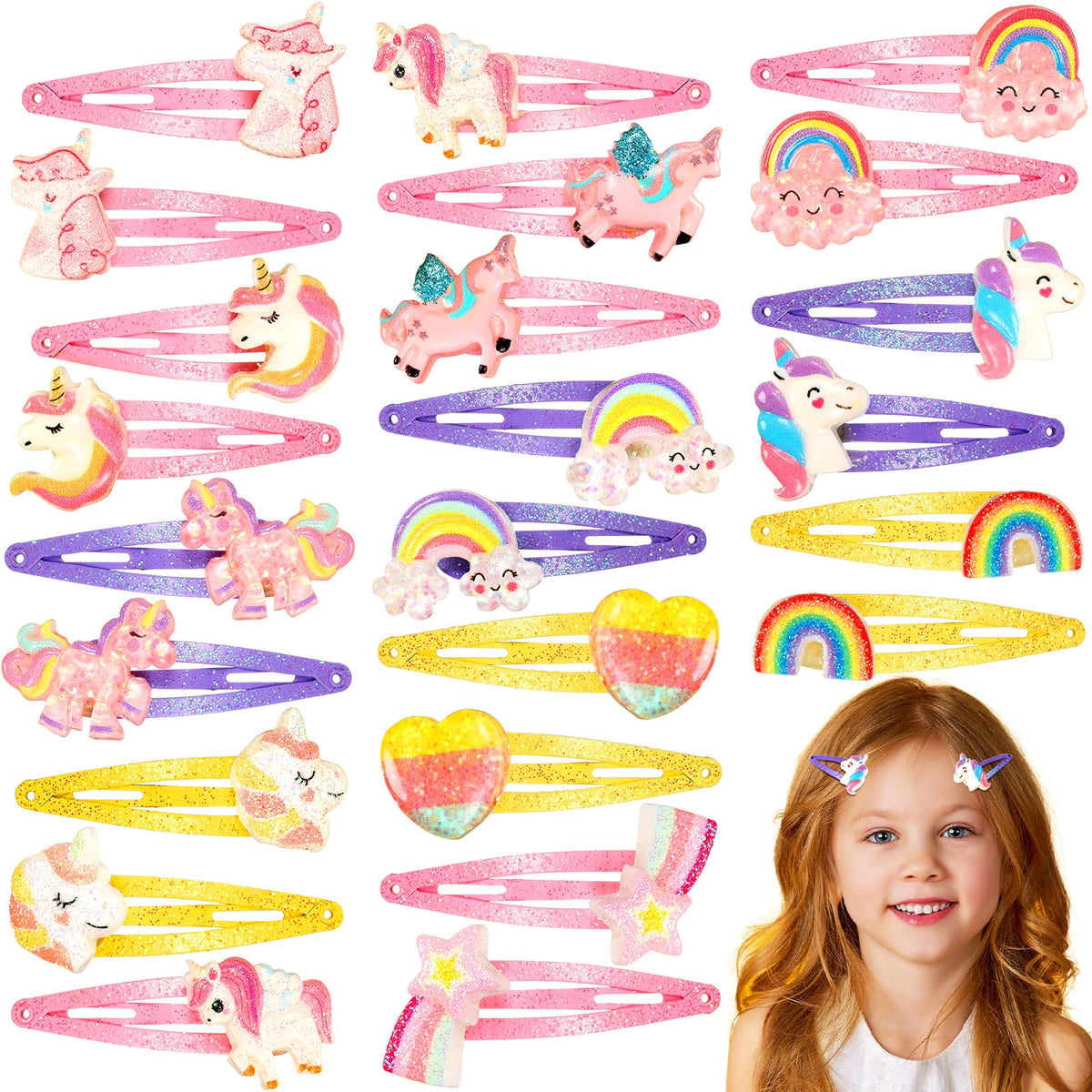 Hanaive front packaging showing 24 rainbow unicorn clips and bright colors for gifting