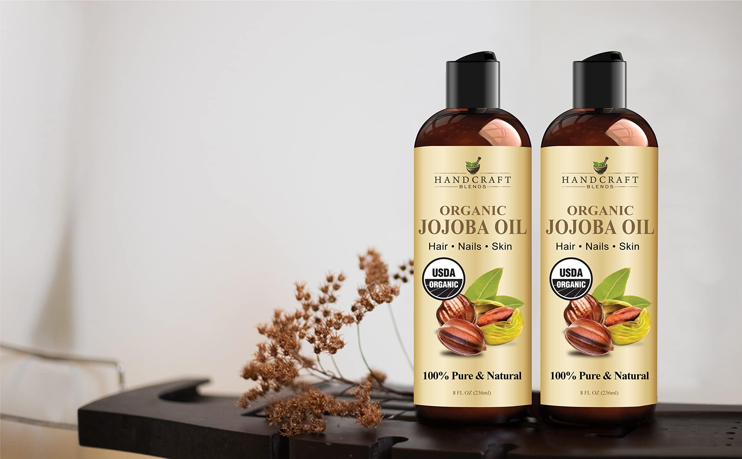 Handcraft Blends bottle beside natural ingredients showing purity and hexane-free benefit