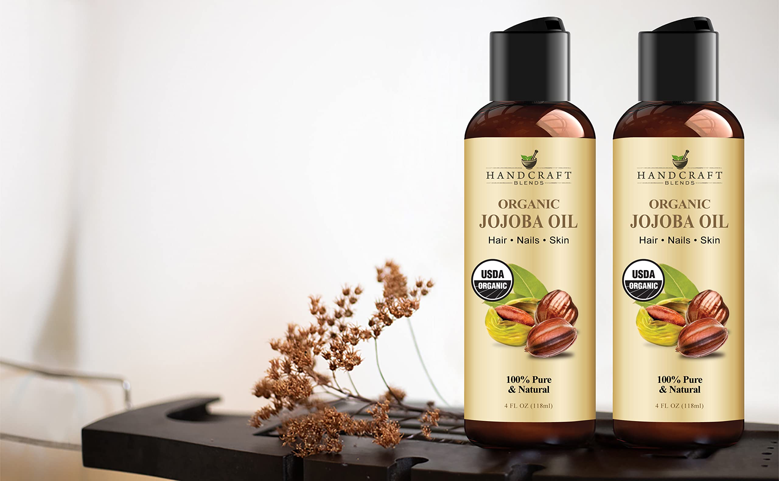 Handcraft Blends bottle beside measuring scale and label highlighting organic certification