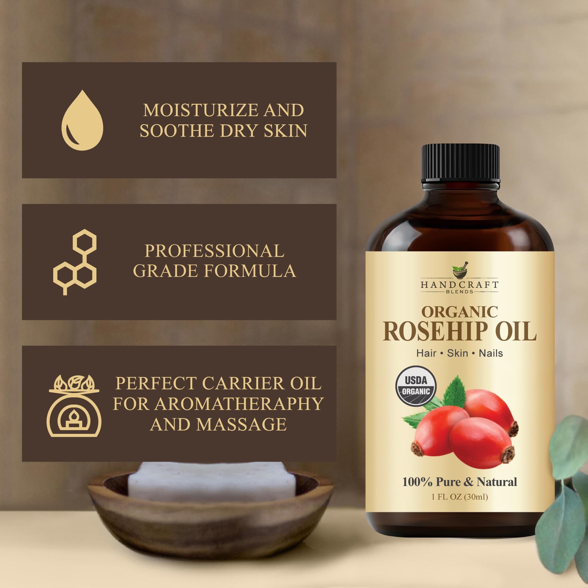Handcraft Blends glass dropper dispensing precise rosehip oil amount