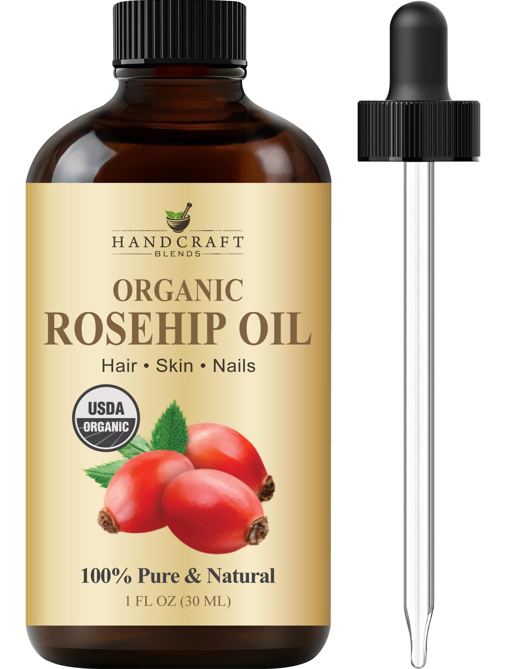 Handcraft Blends rosehip oil front label showing purity and size benefits