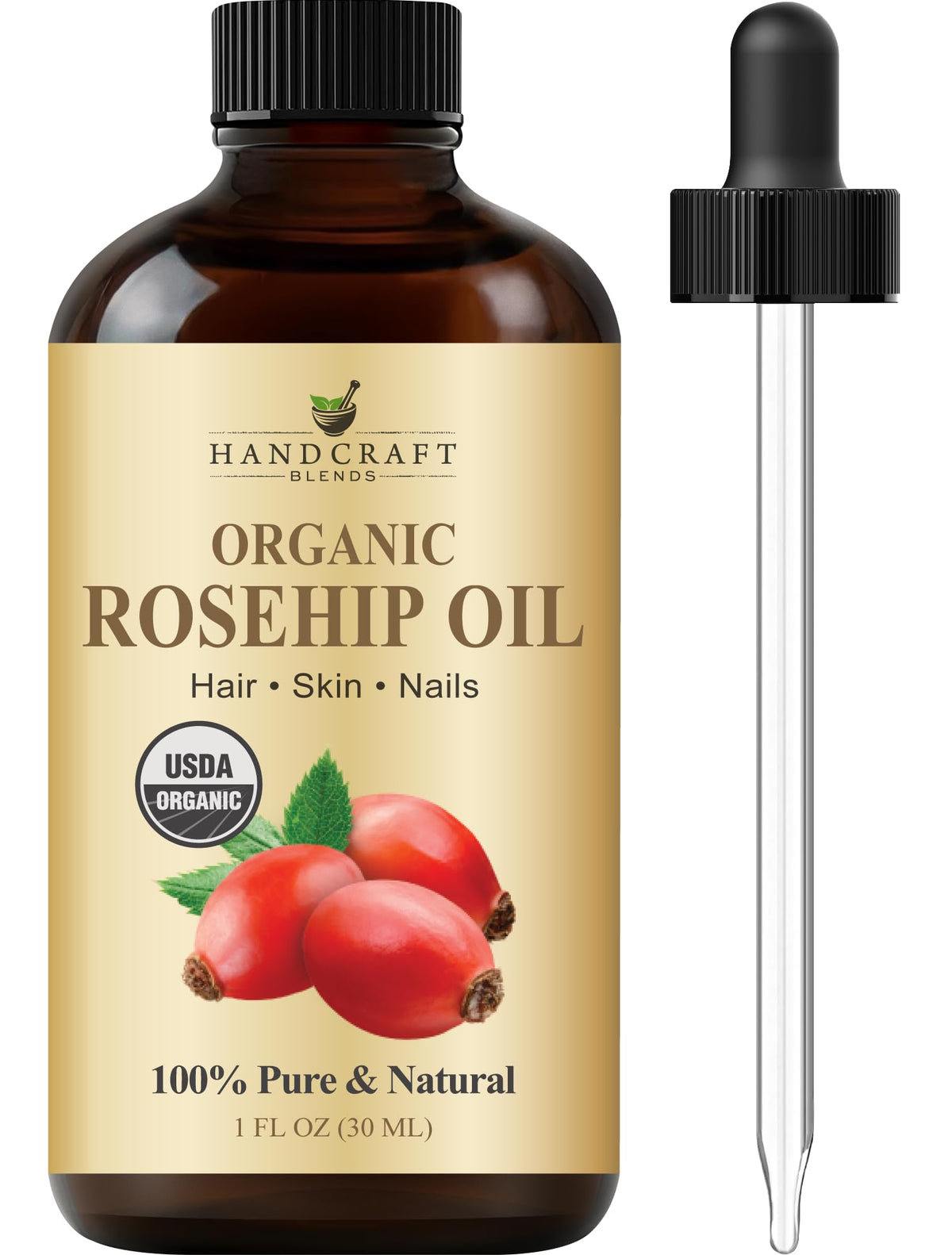 Handcraft Blends rosehip oil front label showing purity and size benefits