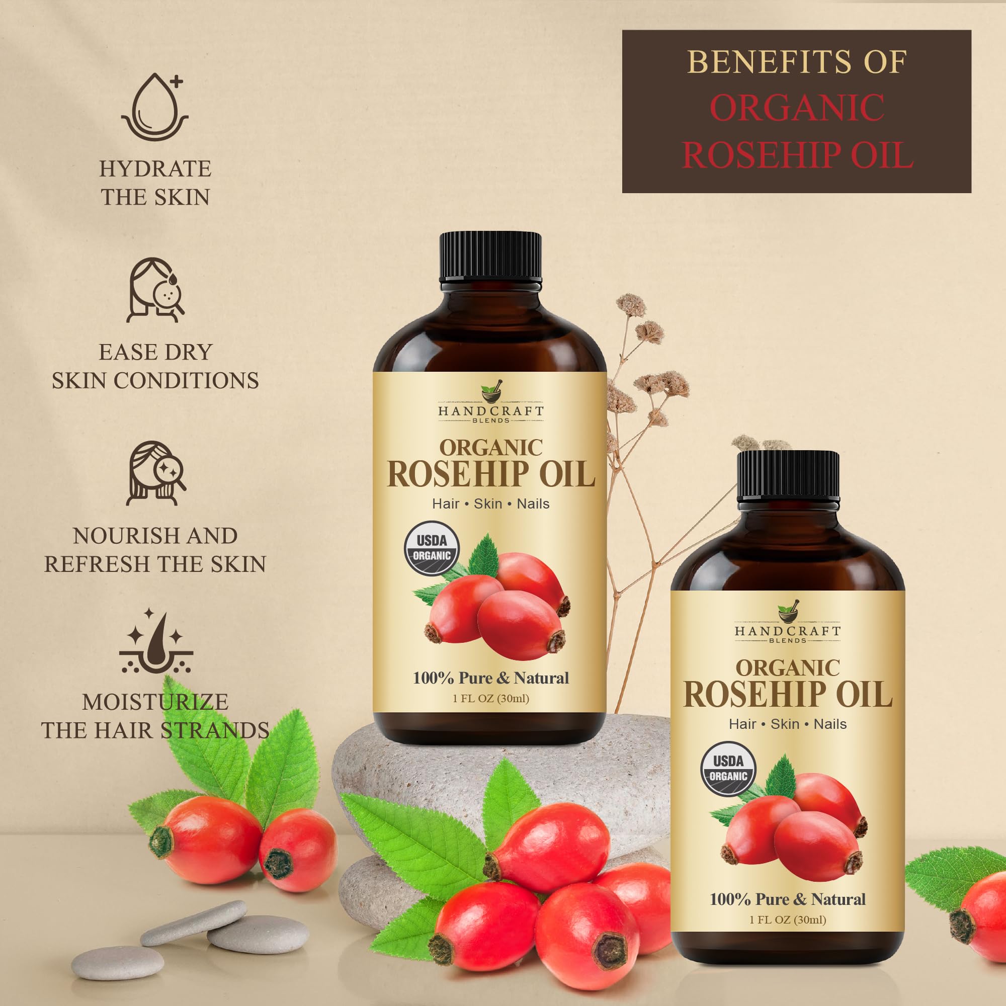 Handcraft Blends rosehip oil beside towel in bathroom suggesting daily use