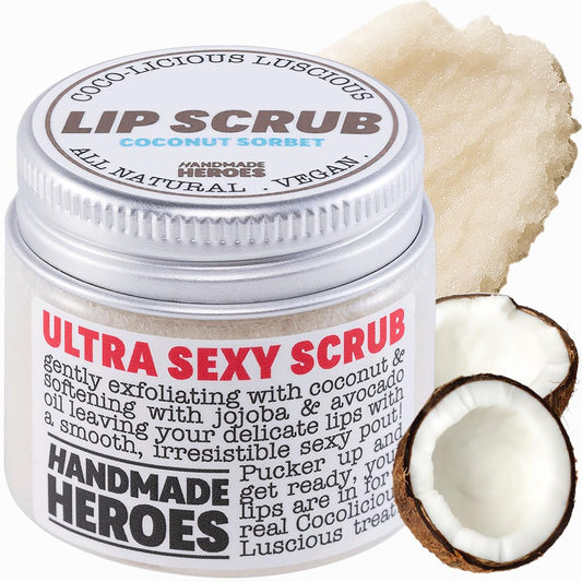 Handmade Heroes coconut sorbet front jar showing label and benefit of soft lips