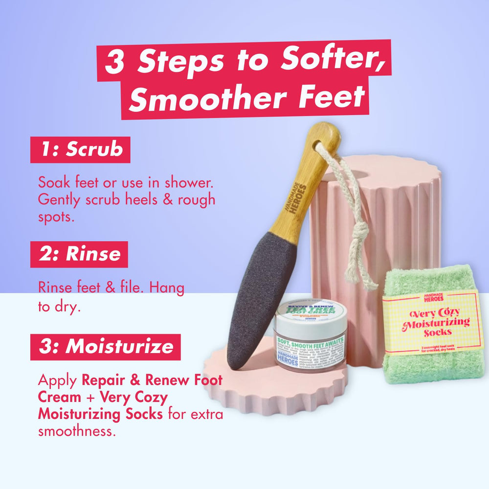 Handmade Heroes exfoliator in use on heel delivering deep smoothing