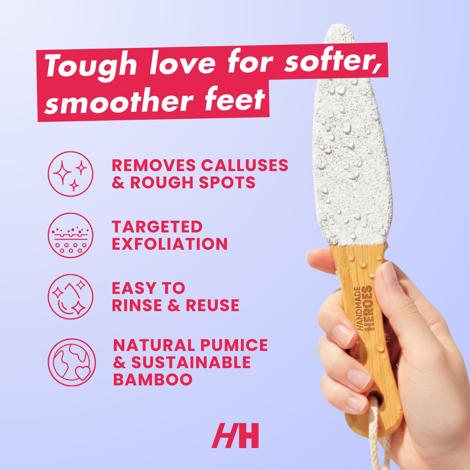 Handmade Heroes close-up of pumice texture highlighting abrasive surface for effective smoothing