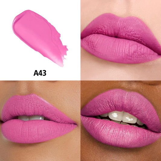 HANLADY lipstick tube open with a swipe of A43 Life in Pink, clear pigment payoff benefit
