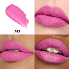 HANLADY lipstick tube open with a swipe of A43 Life in Pink, clear pigment payoff benefit