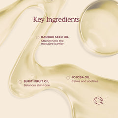 HANNI oils and botanicals display with baobab and buriti showing natural ingredients benefit