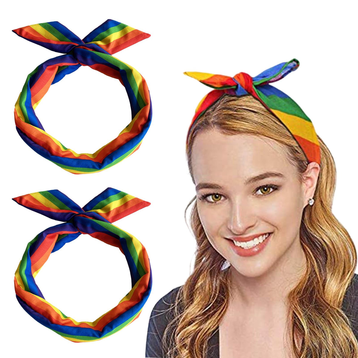 HANSAMU front view of two rainbow headbands showing colorful pride appeal