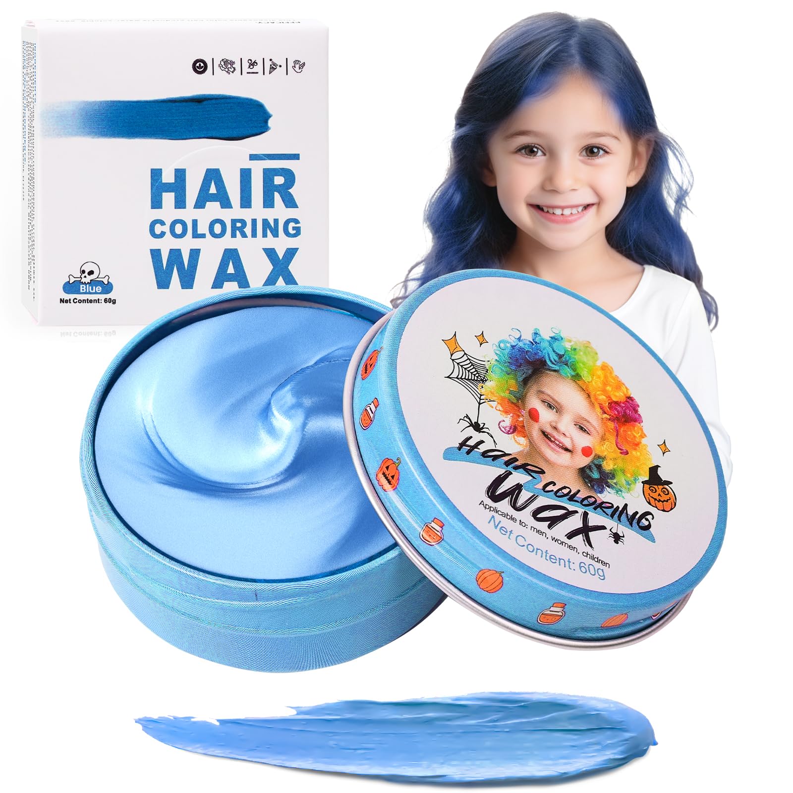 Hansuby front tub of blue hair wax showing label and color benefit