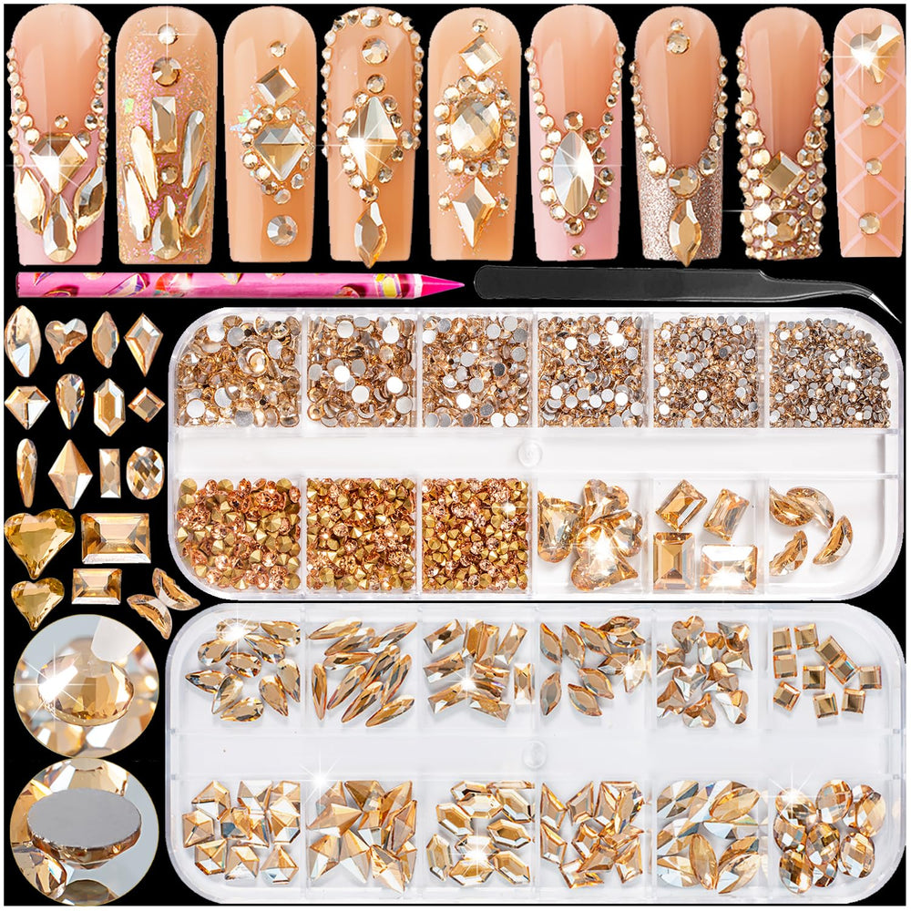 haozher front packaging showing full champagne gold rhinestone kit and tools, great value