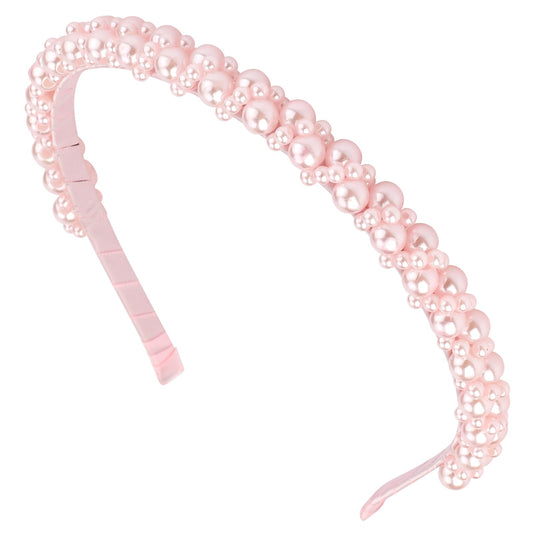 Hapdoo front view showing pink pearl headband, elegant accessory for events