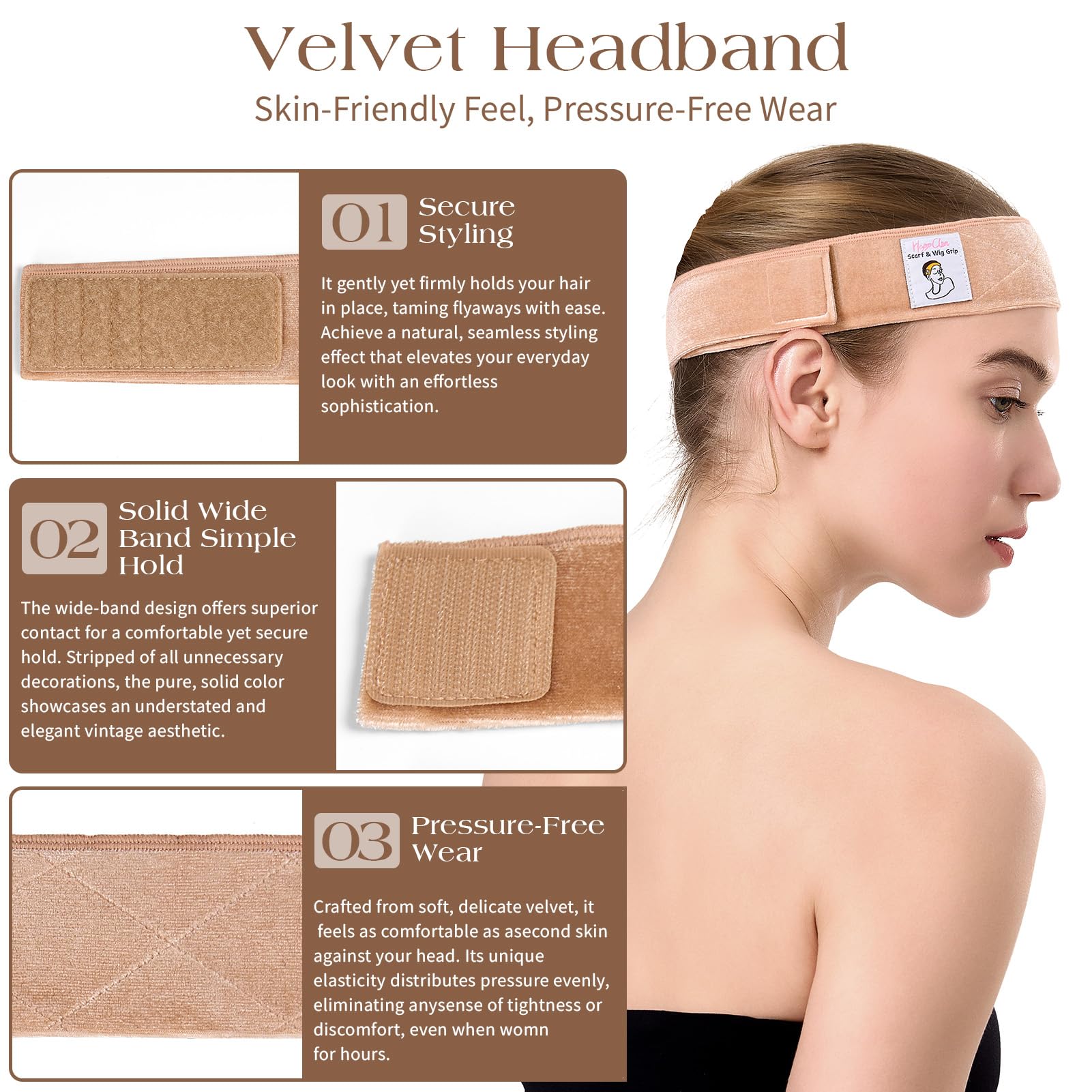 HappClan band worn under a wig demonstrating secure hold and natural silhouette