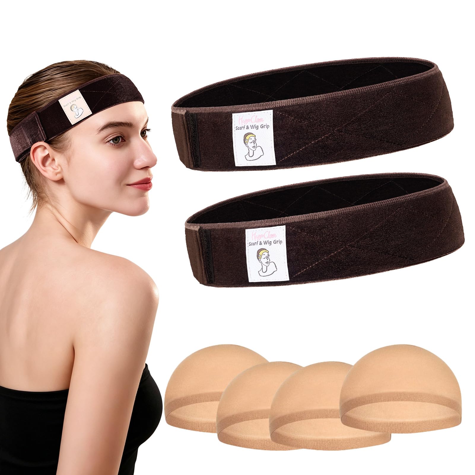 HappClan front packaging showing two velvet bands and four mesh caps for convenience