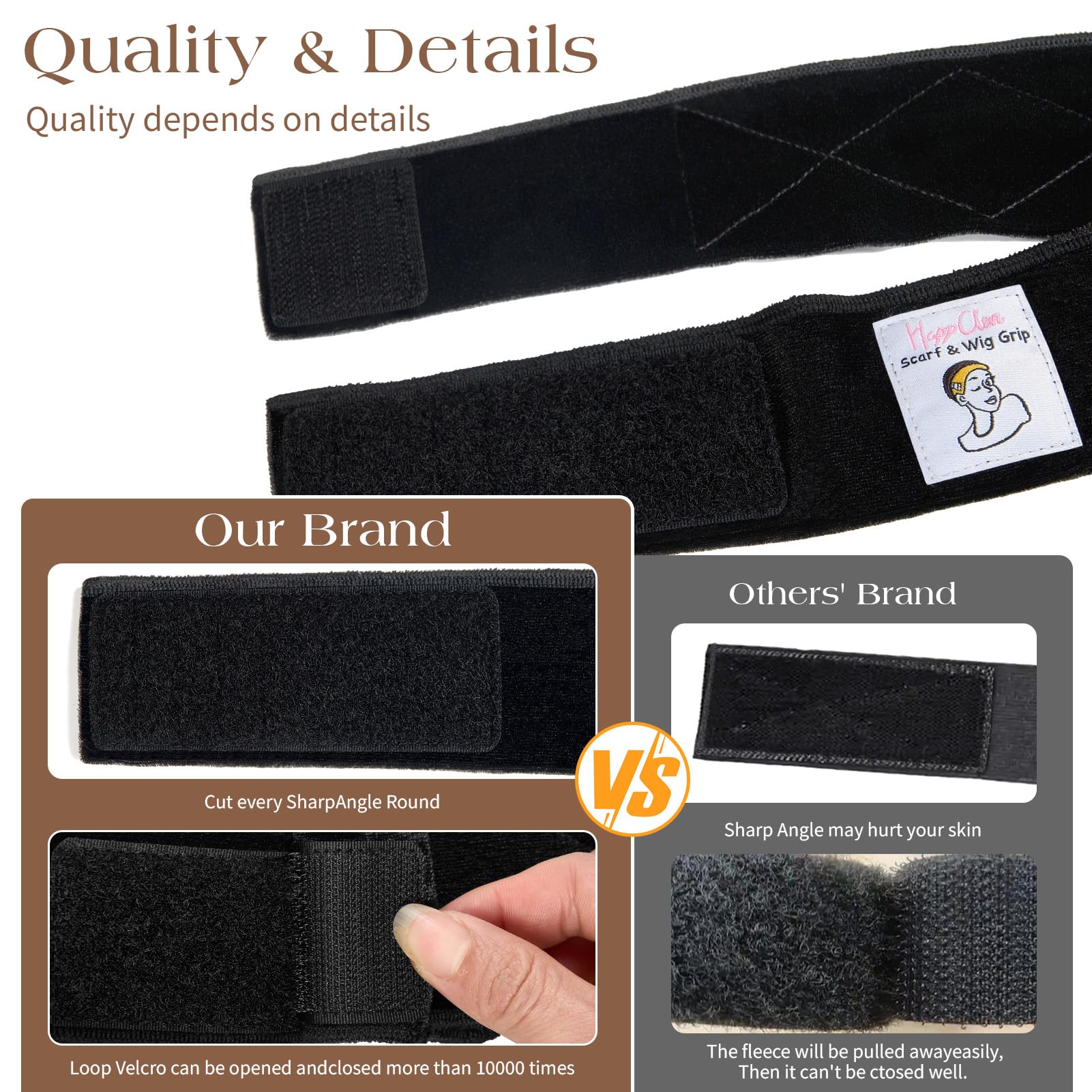 HappClan hook-and-loop fastener detail demonstrating adjustable, tangle-resistant closure