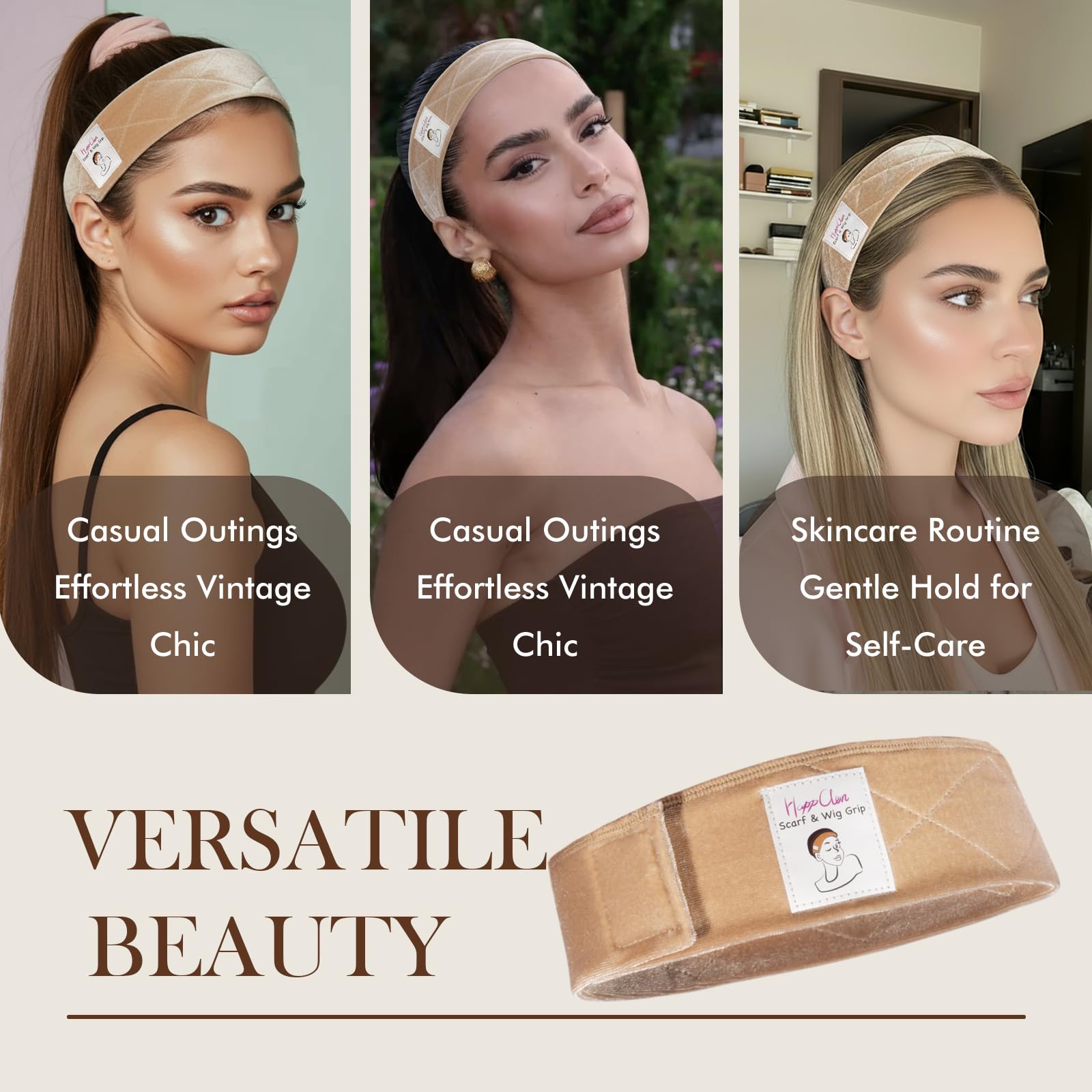 HappClan lifestyle image of woman wearing wig with band for confident, comfortable wear