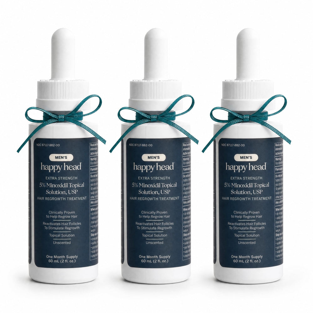 Happy Head front view of three bottles showing the product and supply benefit