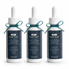 Happy Head front view of three bottles showing the product and supply benefit