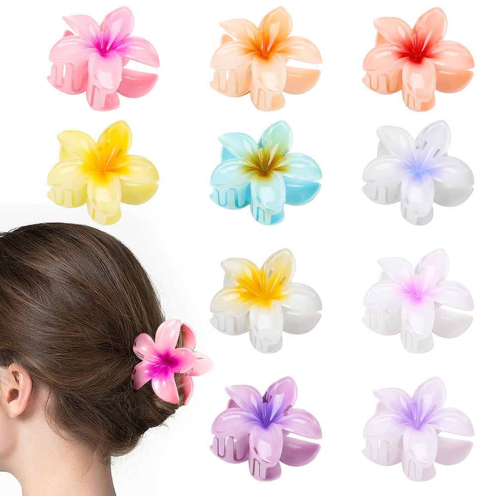 HAPTIME front packaging showing ten colorful plumeria clips and set variety benefit